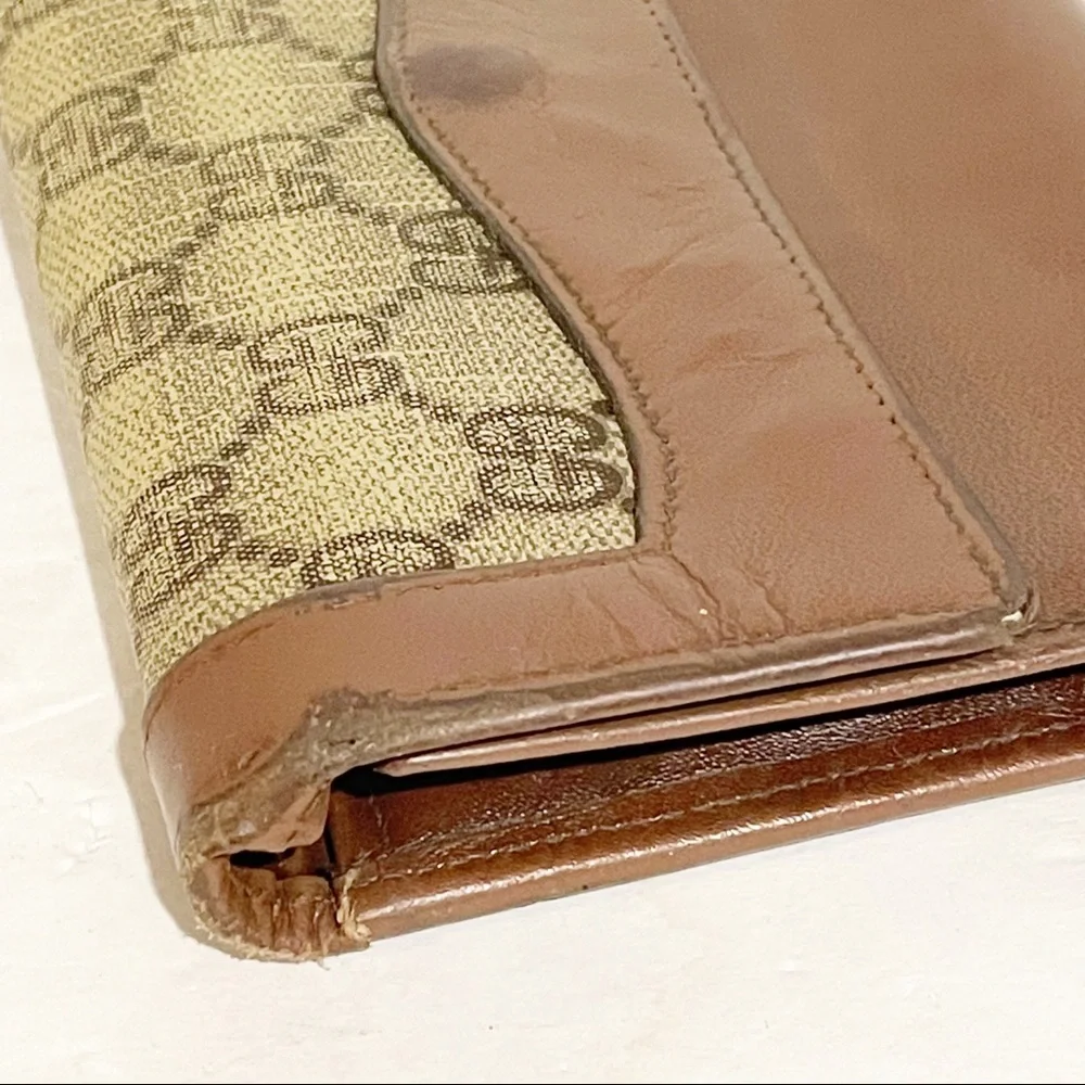 Gucci Vintage Brown Leather Cloth Wallet‎ Check Holder Snap Zipper